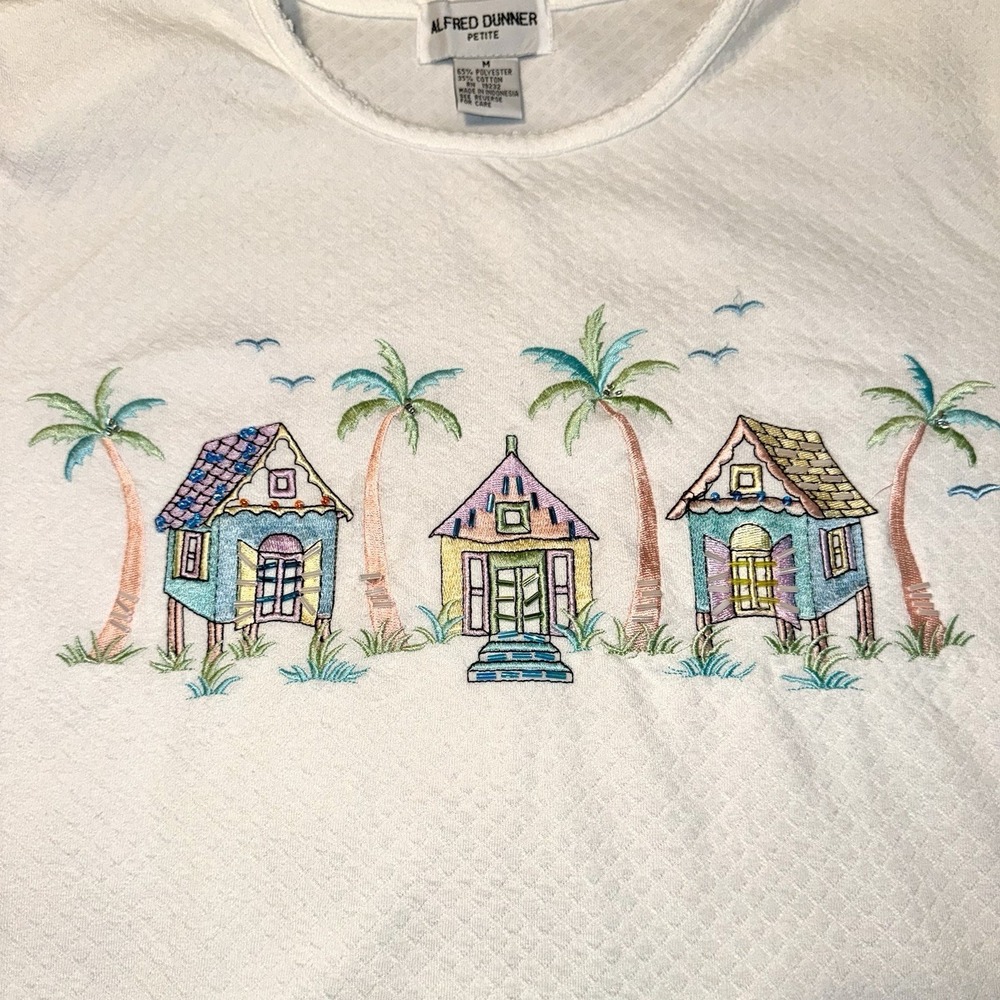 Vintage Alfred Dunner Tropical Beach House‎ Embroidered Beaded Top Medium Petite - Picture 4 of 6